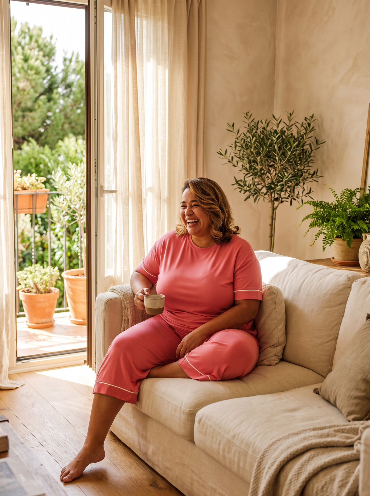Conjunto Frescor coral en casa con un café