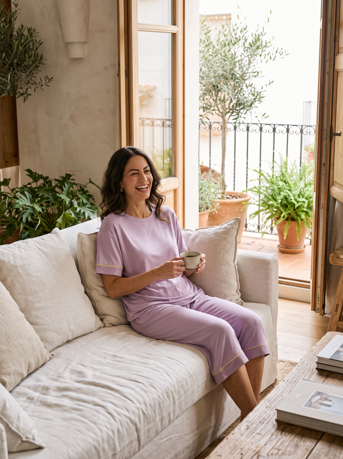 Conjunto Frescor lila en casa con un café